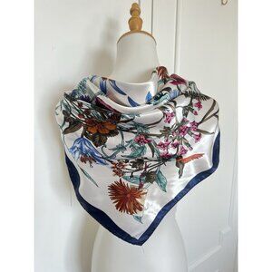 Women's Silk Feel Scarf Square 34" Floral Birds Butterfly Garden Navy Blue White